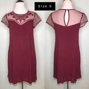 💥 5/$25 Dark Red Sheer Lace Detail Shift Dress